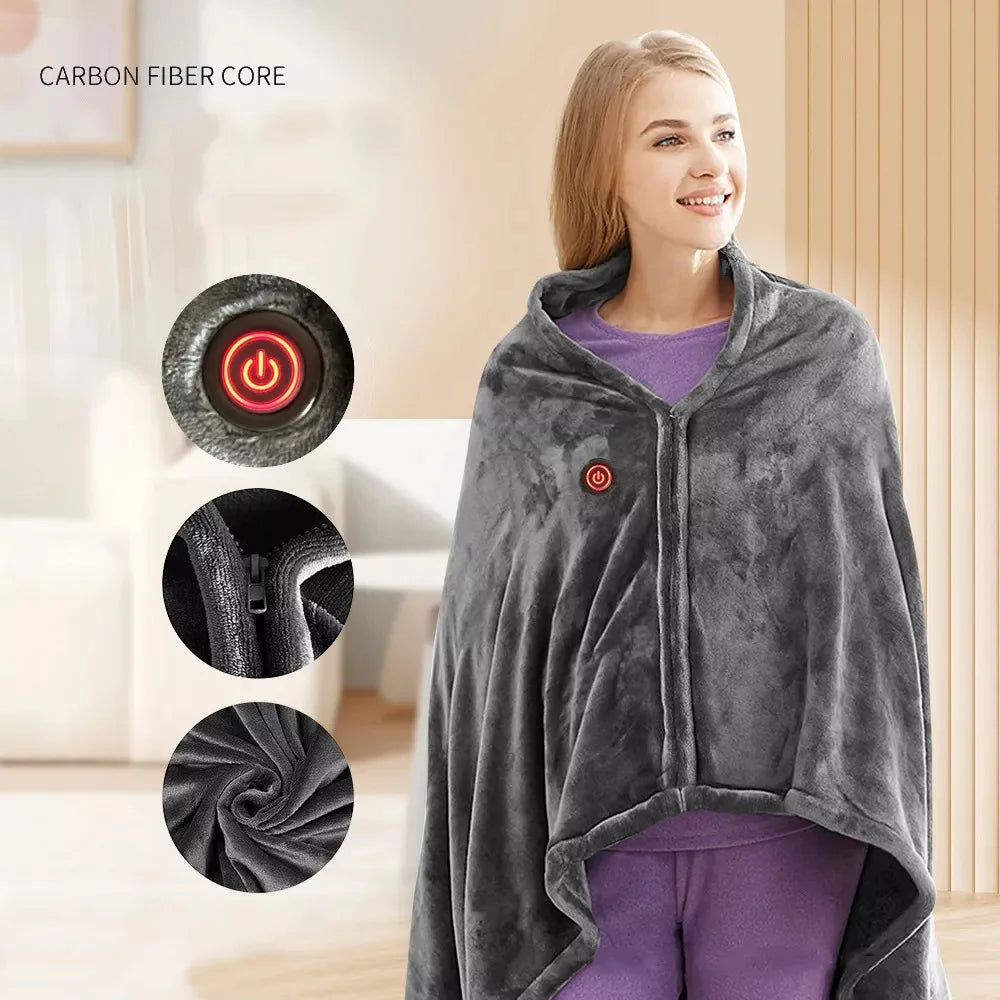 Wearable Heating Electric Blanket Shawl 3 Heated Level Throw Blanket 5v USB Charging Coral Velvet 9 Heated Areas Fast Heating