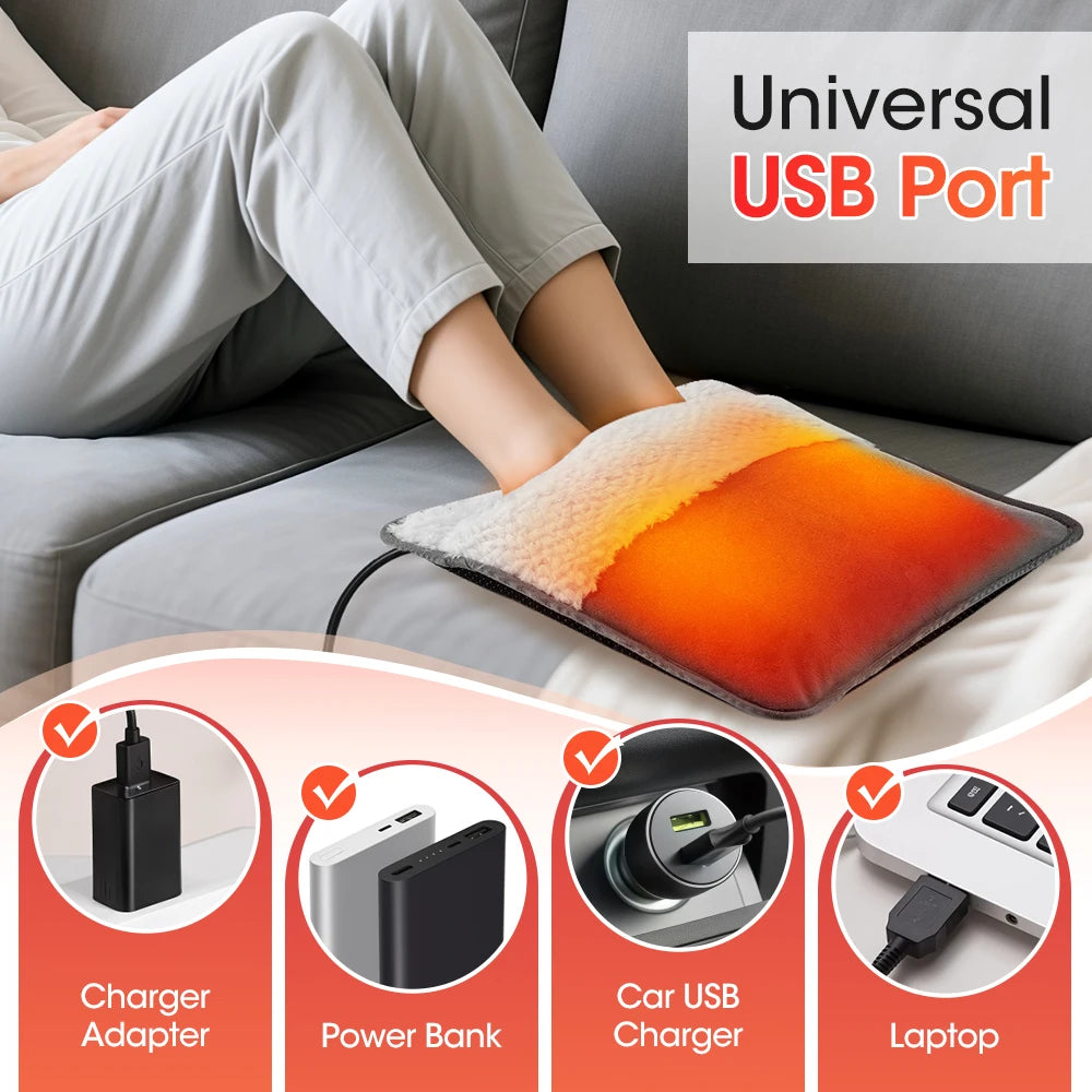 Portable USB Electric Foot Heating Pad Washable Soft Plush Foot Heater Winter Foot Warming Mat for Bed,Under Desk,Office,Home