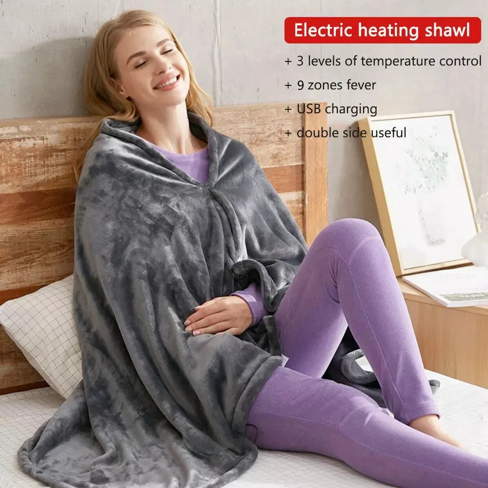 Wearable Heating Electric Blanket Shawl 3 Heated Level Throw Blanket 5v USB Charging Coral Velvet 9 Heated Areas Fast Heating