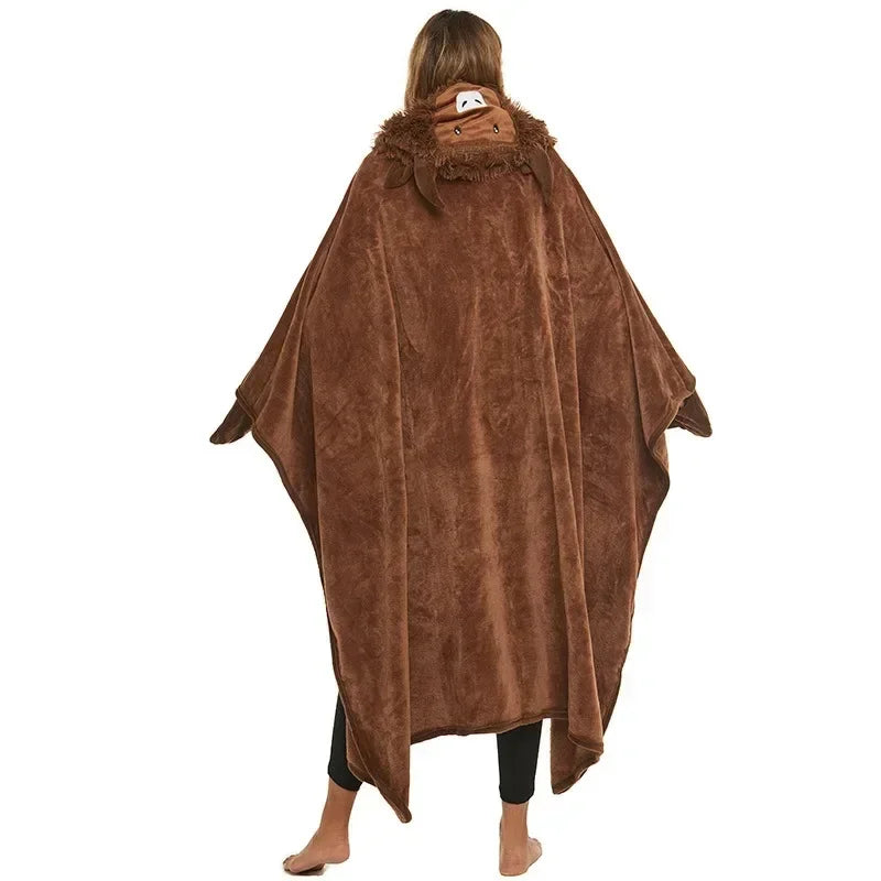 Wearable Hooded Adults Cape Blankets Animal Sloth Penguin Yak Panda Cartoon Embroidered Double-sided Flannel Blanket Textile