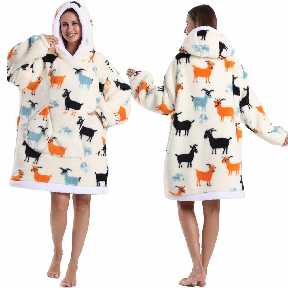 Hoodie Blanket Wearable for Adults Animal Plus Size Hoodies Men Women Clothes Winter Warm Thick Plush TV Blanket Pink Black Tops