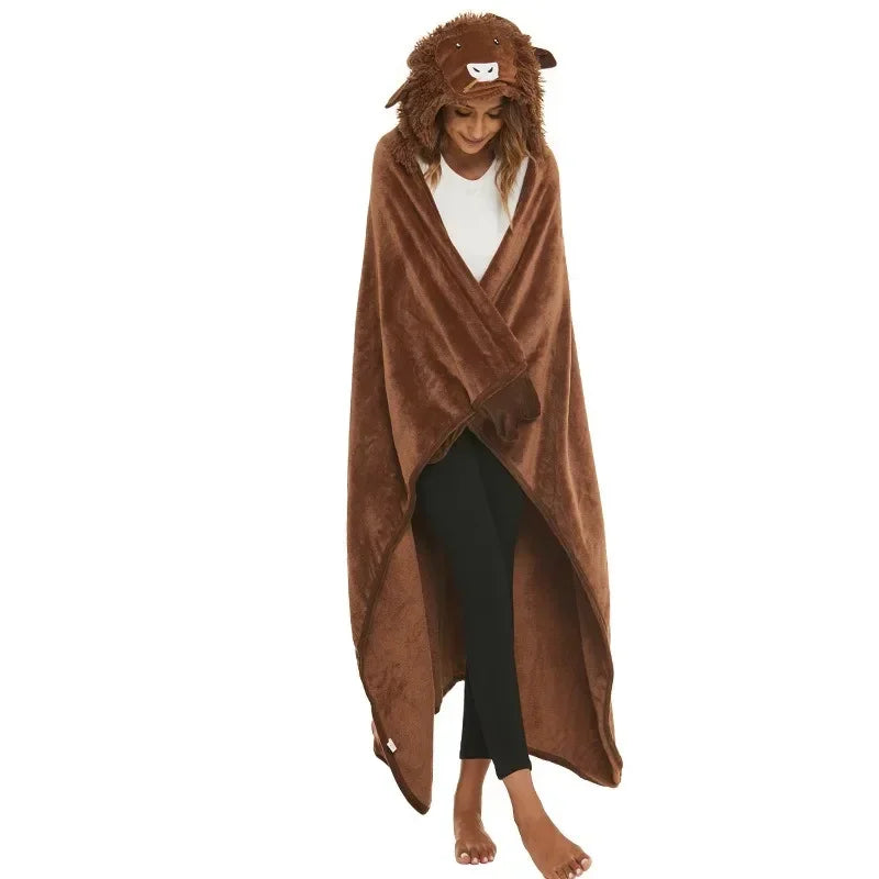 Wearable Hooded Adults Cape Blankets Animal Sloth Penguin Yak Panda Cartoon Embroidered Double-sided Flannel Blanket Textile