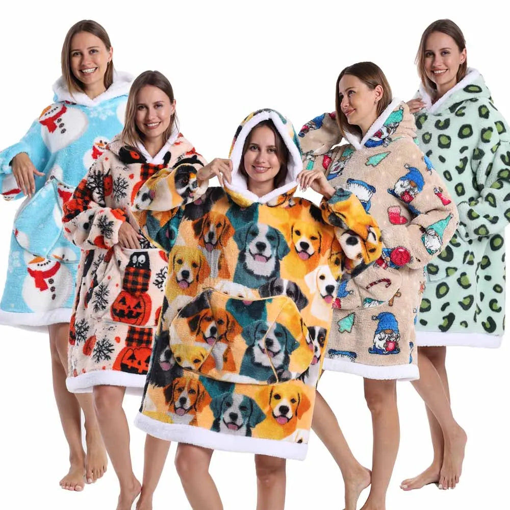 Hoodie Blanket Wearable for Adults Animal Plus Size Hoodies Men Women Clothes Winter Warm Thick Plush TV Blanket Pink Black Tops