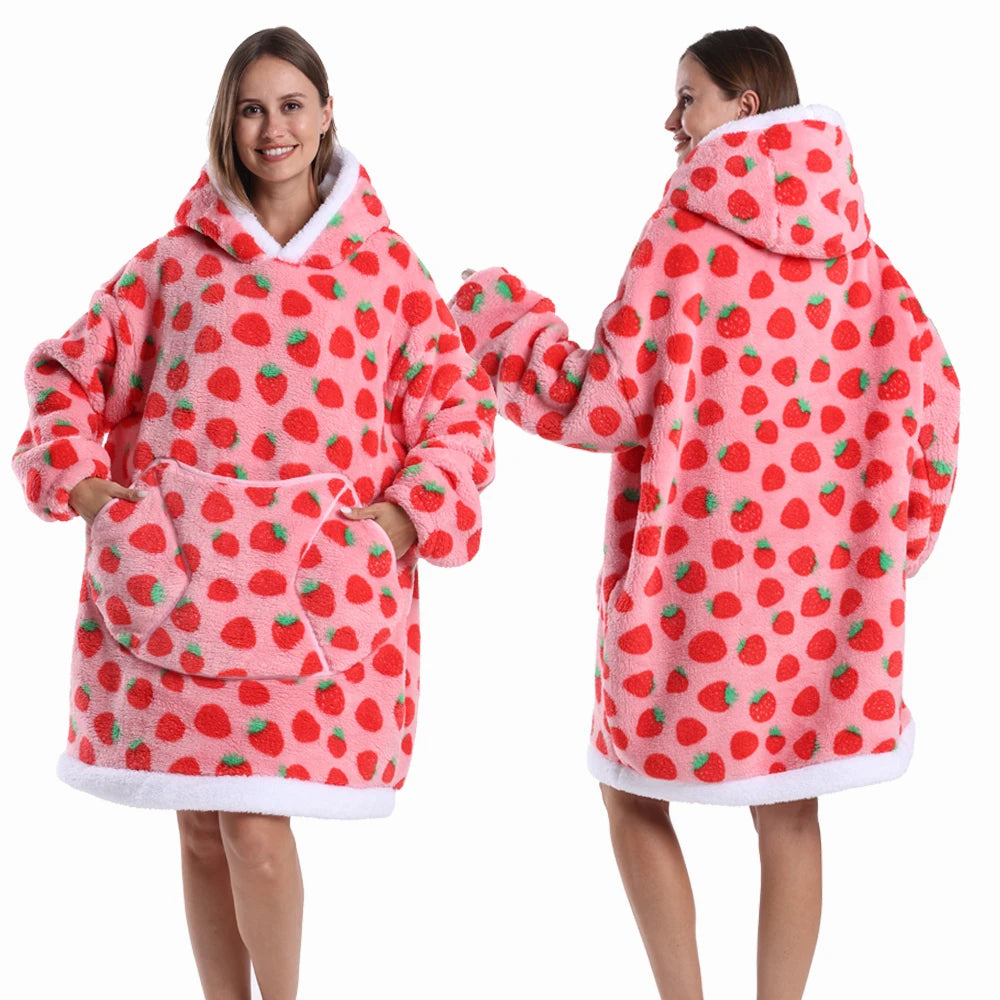 Hoodie Blanket Wearable for Adults Animal Plus Size Hoodies Men Women Clothes Winter Warm Thick Plush TV Blanket Pink Black Tops