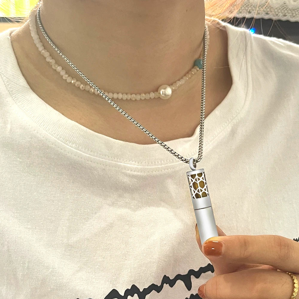New Cylindrical Aromatherapy Storage Bottle Pendant Essential Oil Diffuser Perfume Necklace 316L Stainless Steel Neutral Jewelry