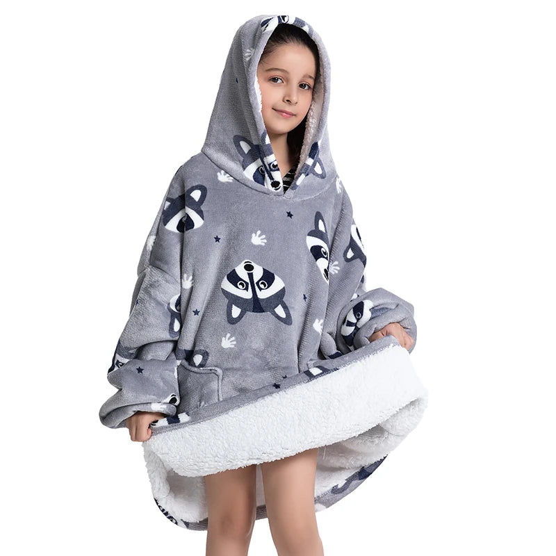 Oversized Wearale Blanket Hoodie Flannel Sherpa Fleece Warm Soft Winter Hoodie Sweatshirt for Kids Adults Home Blanket Snuggle