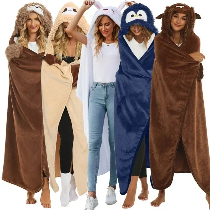 Wearable Hooded Adults Cape Blankets Animal Sloth Penguin Yak Panda Cartoon Embroidered Double-sided Flannel Blanket Textile