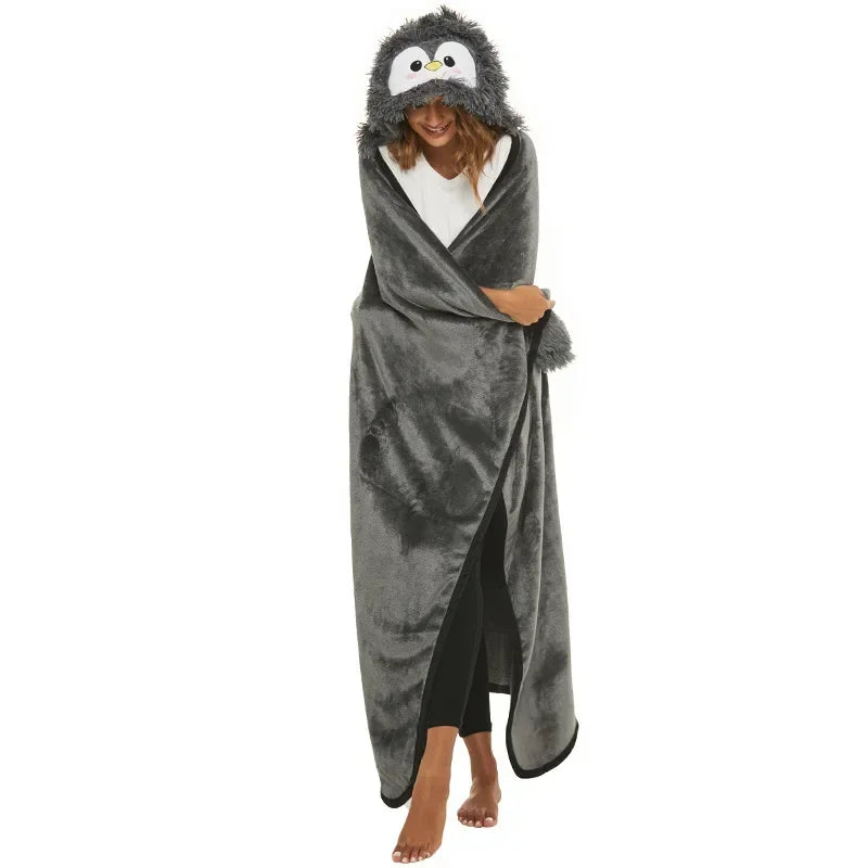 Wearable Hooded Adults Cape Blankets Animal Sloth Penguin Yak Panda Cartoon Embroidered Double-sided Flannel Blanket Textile