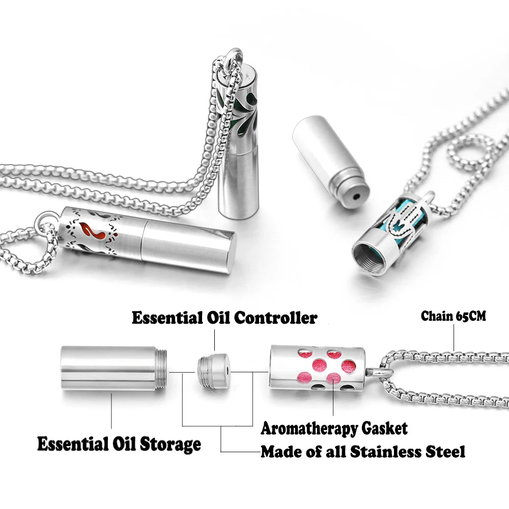 New Cylindrical Aromatherapy Storage Bottle Pendant Essential Oil Diffuser Perfume Necklace 316L Stainless Steel Neutral Jewelry