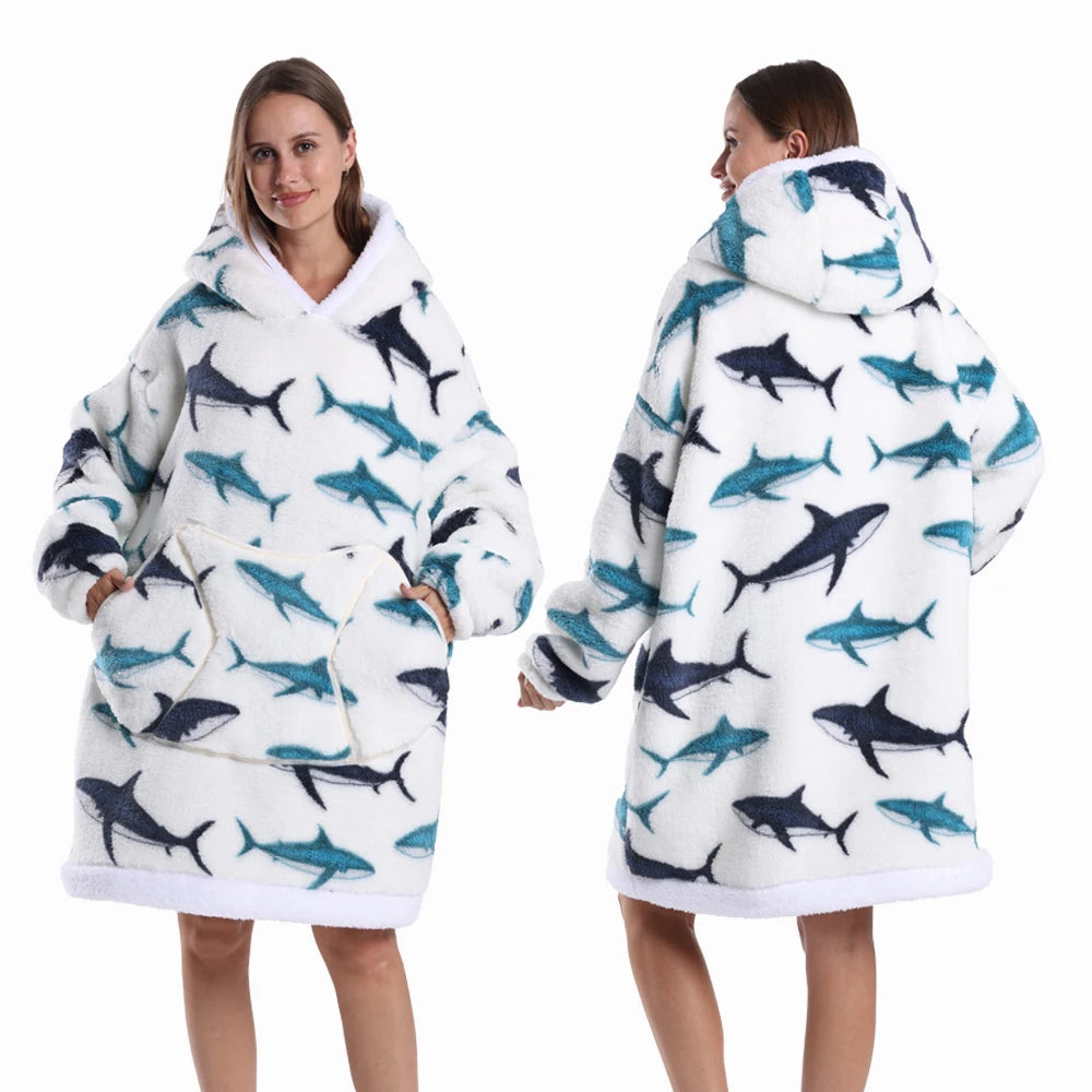 Hoodie Blanket Wearable for Adults Animal Plus Size Hoodies Men Women Clothes Winter Warm Thick Plush TV Blanket Pink Black Tops