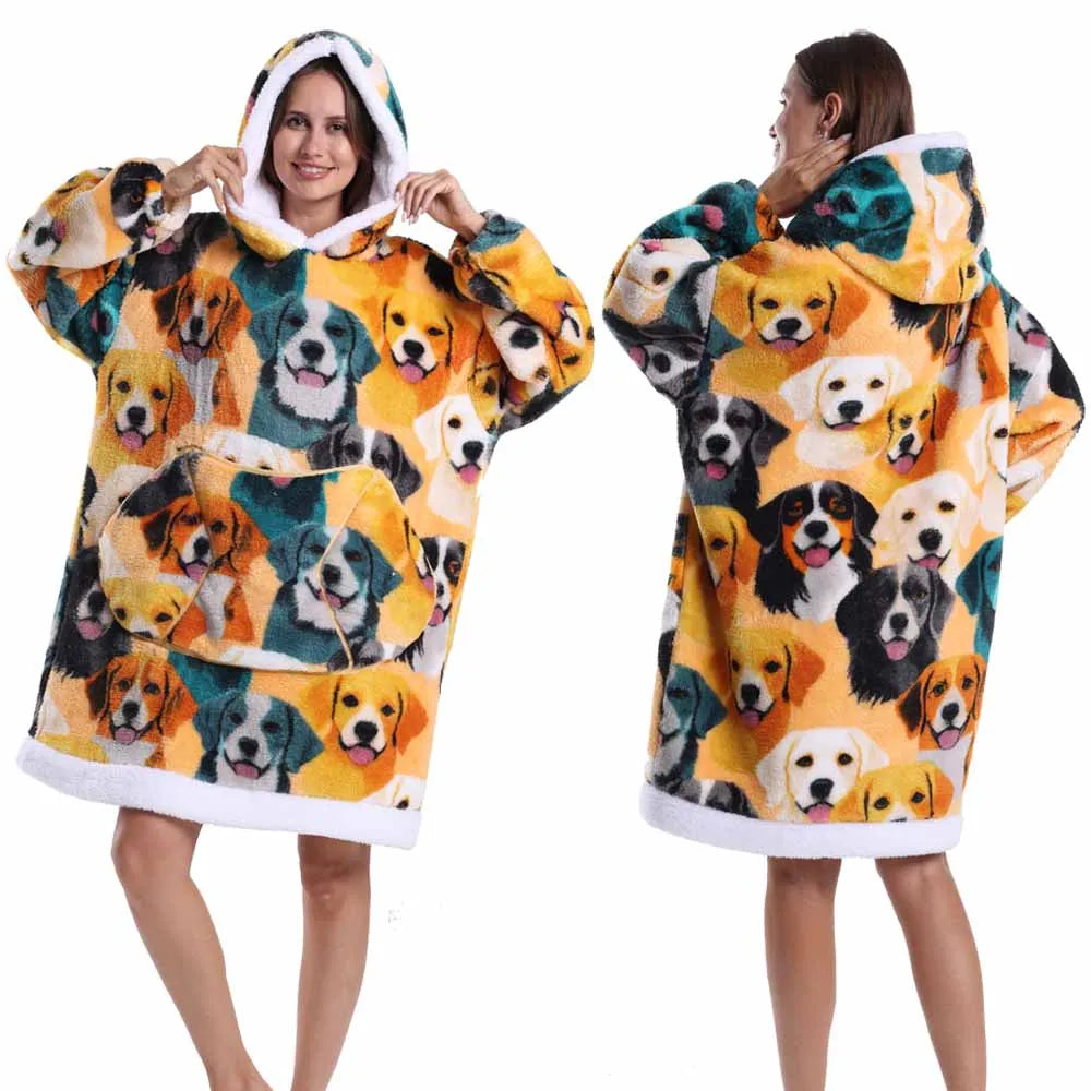 Hoodie Blanket Wearable for Adults Animal Plus Size Hoodies Men Women Clothes Winter Warm Thick Plush TV Blanket Pink Black Tops