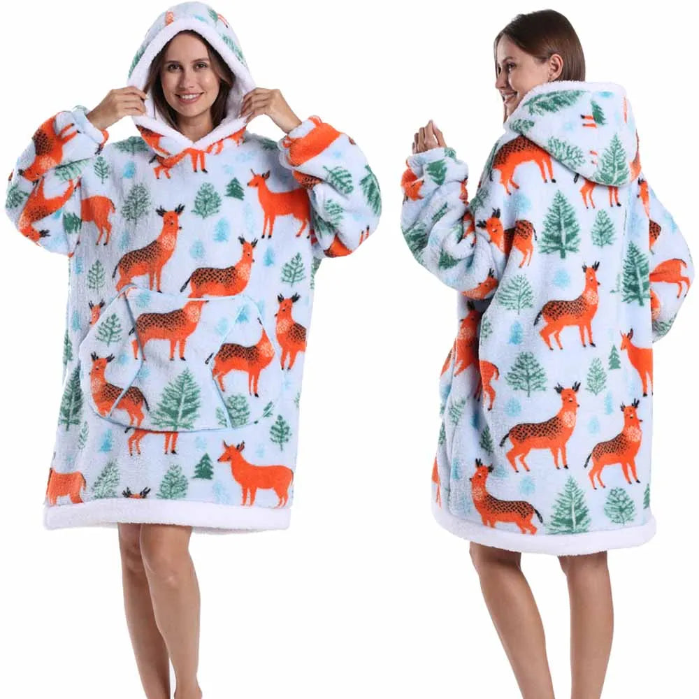 Hoodie Blanket Wearable for Adults Animal Plus Size Hoodies Men Women Clothes Winter Warm Thick Plush TV Blanket Pink Black Tops