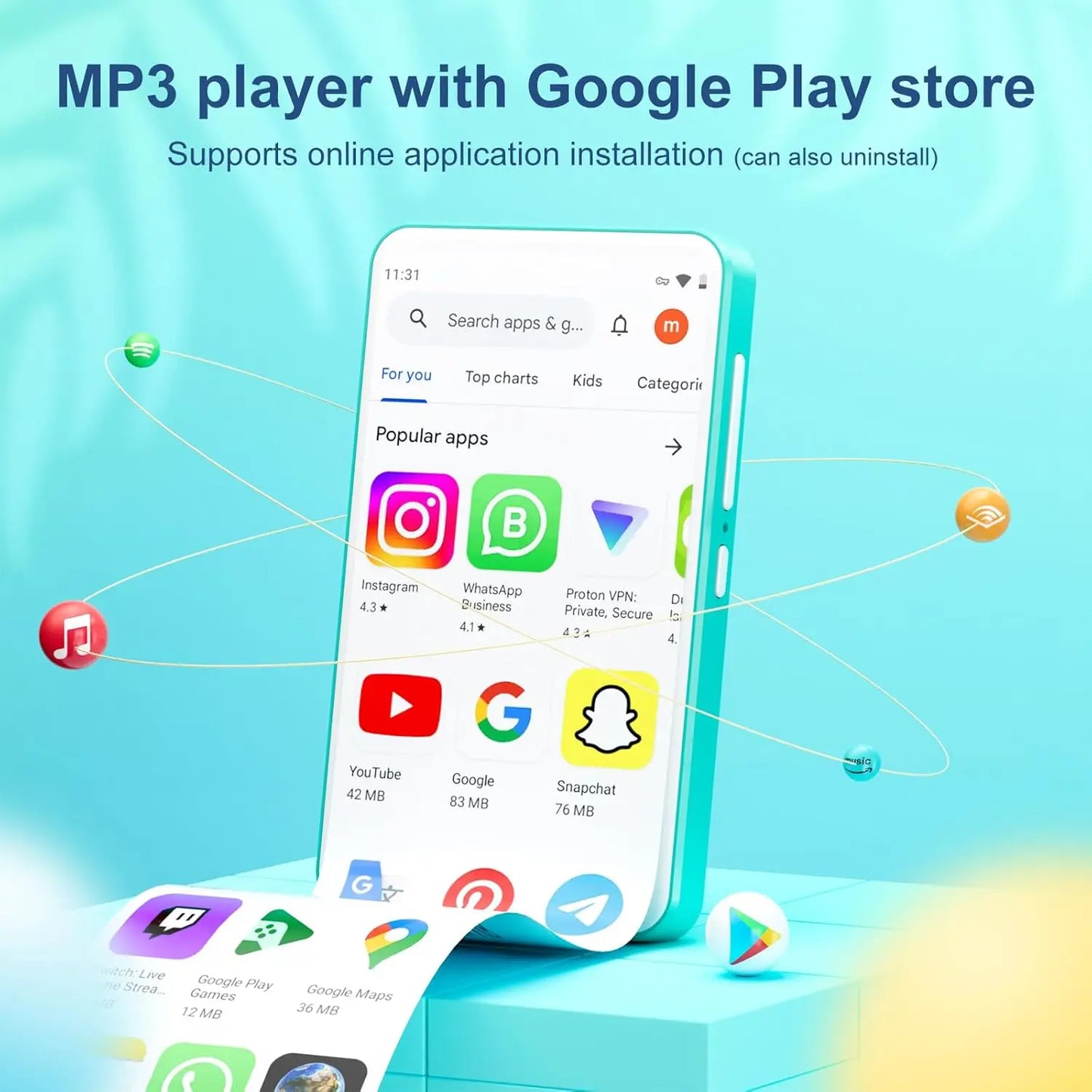 Oilsky Android 9.0 MP3 player, 16GB/80GB  supports Bluetooth and Wi-Fi, built-in FM radio and e-book function,  up to 512G