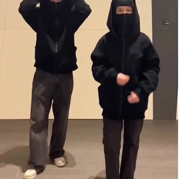Double Hat Masked Hoodies Fashion Hip Hop Winter Windproof Sweatshirt Streetwear Trend ﻿zipper Face Mask Hoodie Jacket Coat