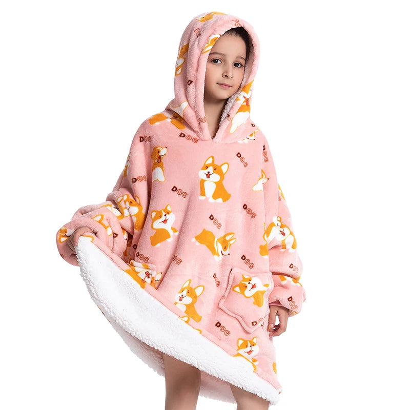 Oversized Wearale Blanket Hoodie Flannel Sherpa Fleece Warm Soft Winter Hoodie Sweatshirt for Kids Adults Home Blanket Snuggle