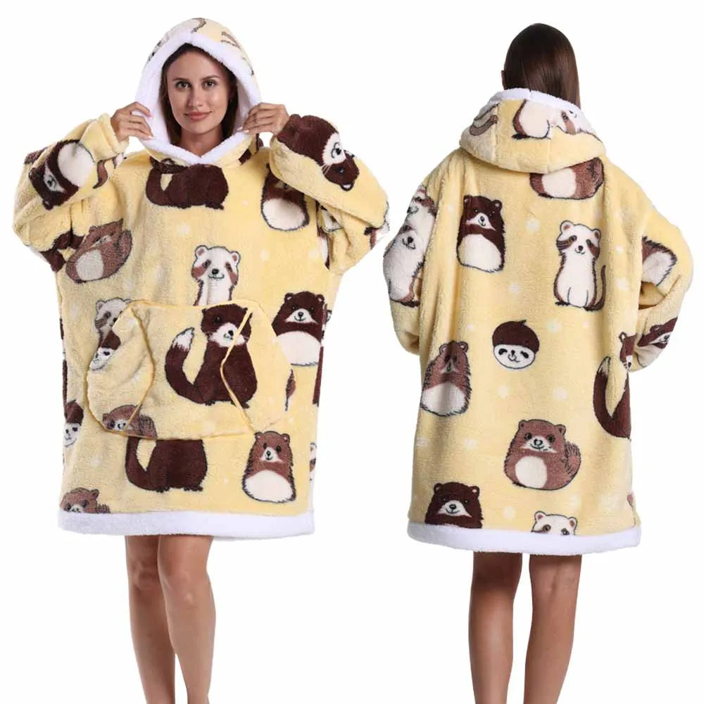 Hoodie Blanket Wearable for Adults Animal Plus Size Hoodies Men Women Clothes Winter Warm Thick Plush TV Blanket Pink Black Tops